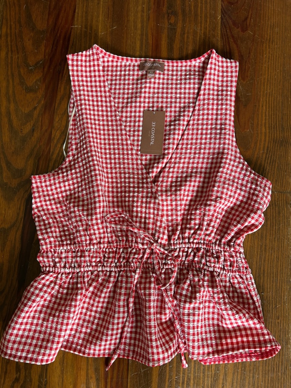 33 Coastal Red Gingham V neck smocked waist Peplum Sleeveless Top XS  Buckle NWT